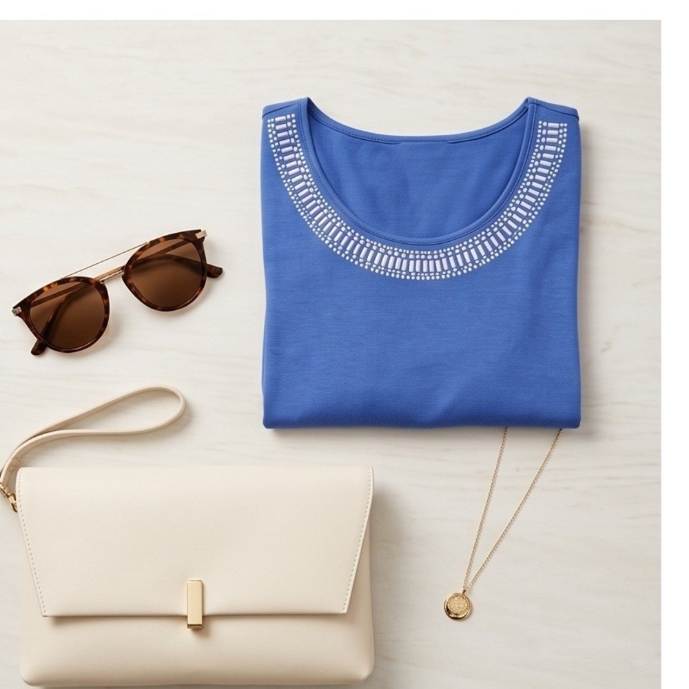 Jaclyn Smith Womens XL Blue Embellished Scoop Neck Short Sleeve Knit Top - Picture 10 of 10